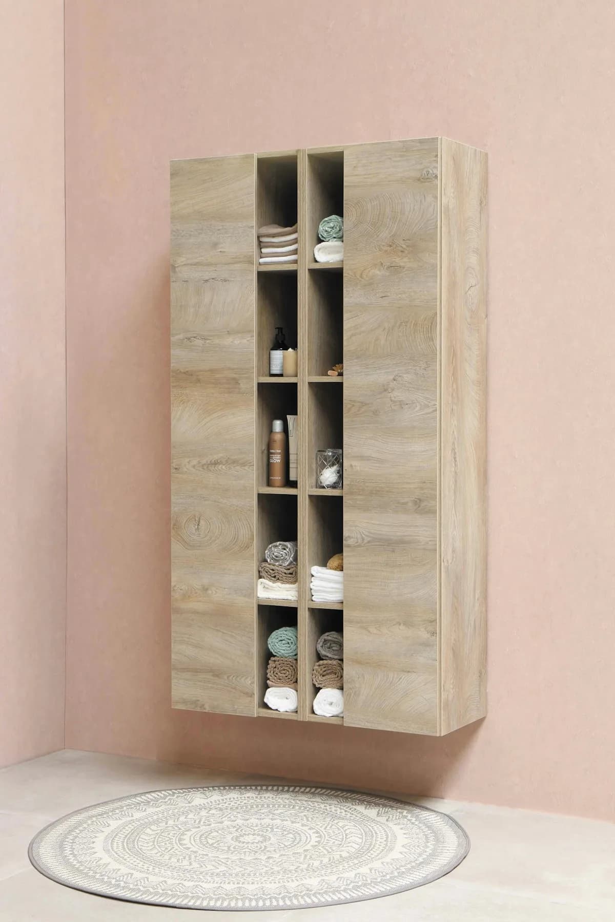 Wall organizer with open cubbies and side doors